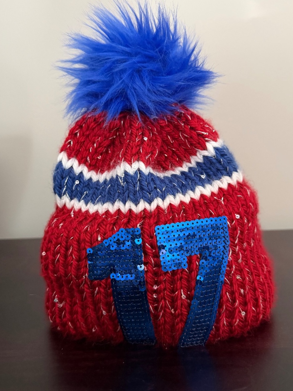 Buffalo Football Hand Knit 17 Sequin Hat Beanie Sparkle Game Day Pom Pom Fur